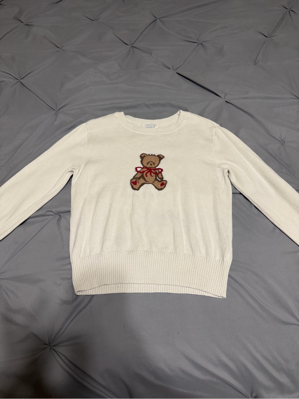 abercrombie kids Cream Crewneck Sweater with Teddy Motif